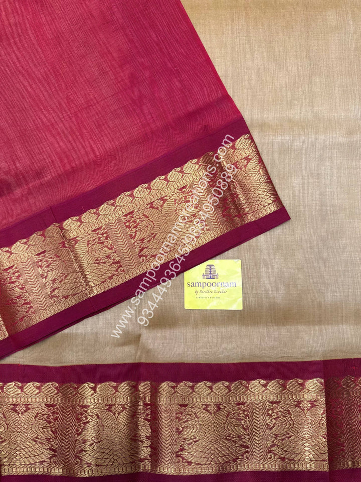 Dark Gold with Kumkum Red ,  Traditional borders and  Grand Pallu Korvai Silk Cotton Saree