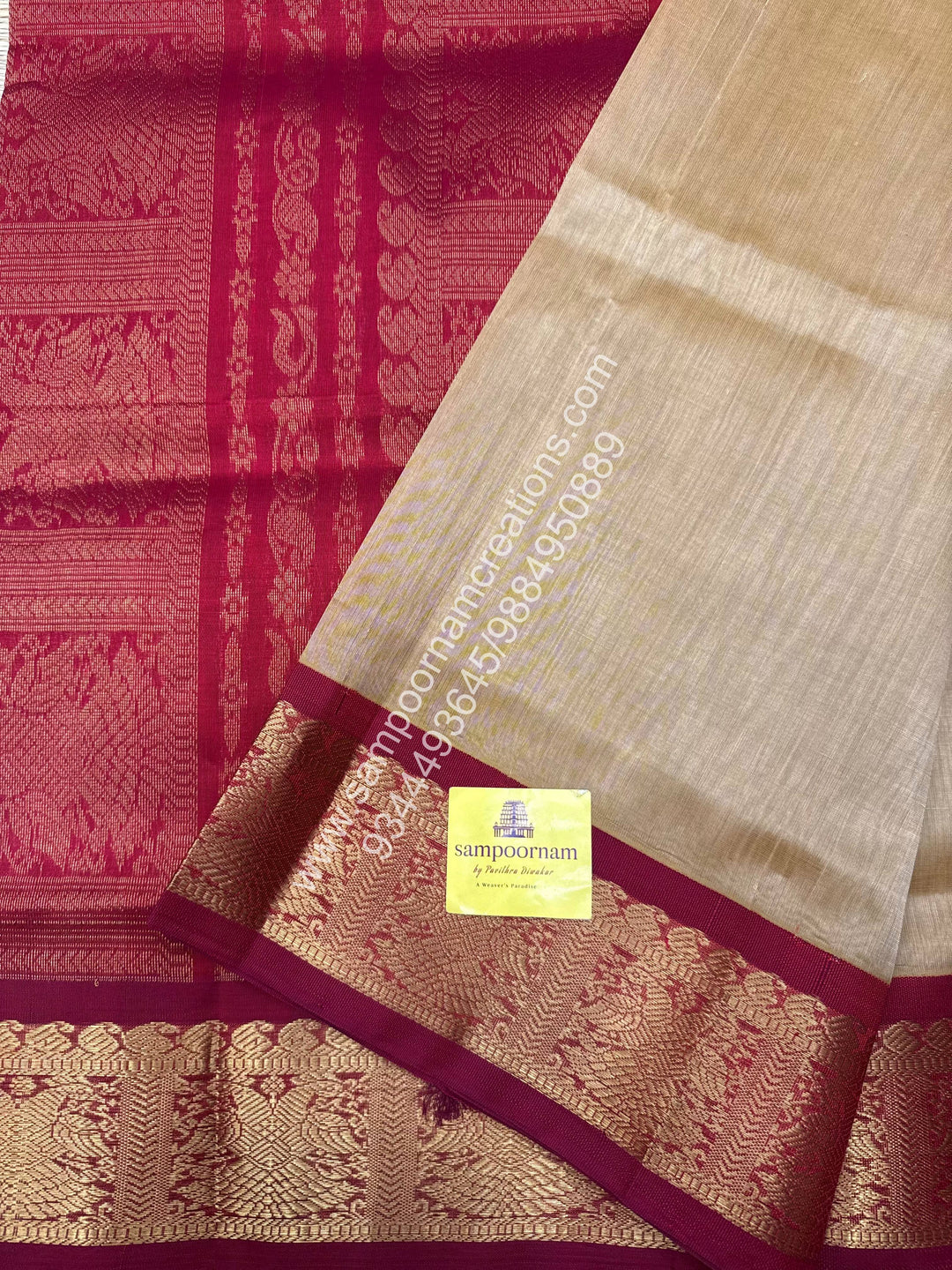 Dark Gold with Kumkum Red ,  Traditional borders and  Grand Pallu Korvai Silk Cotton Saree
