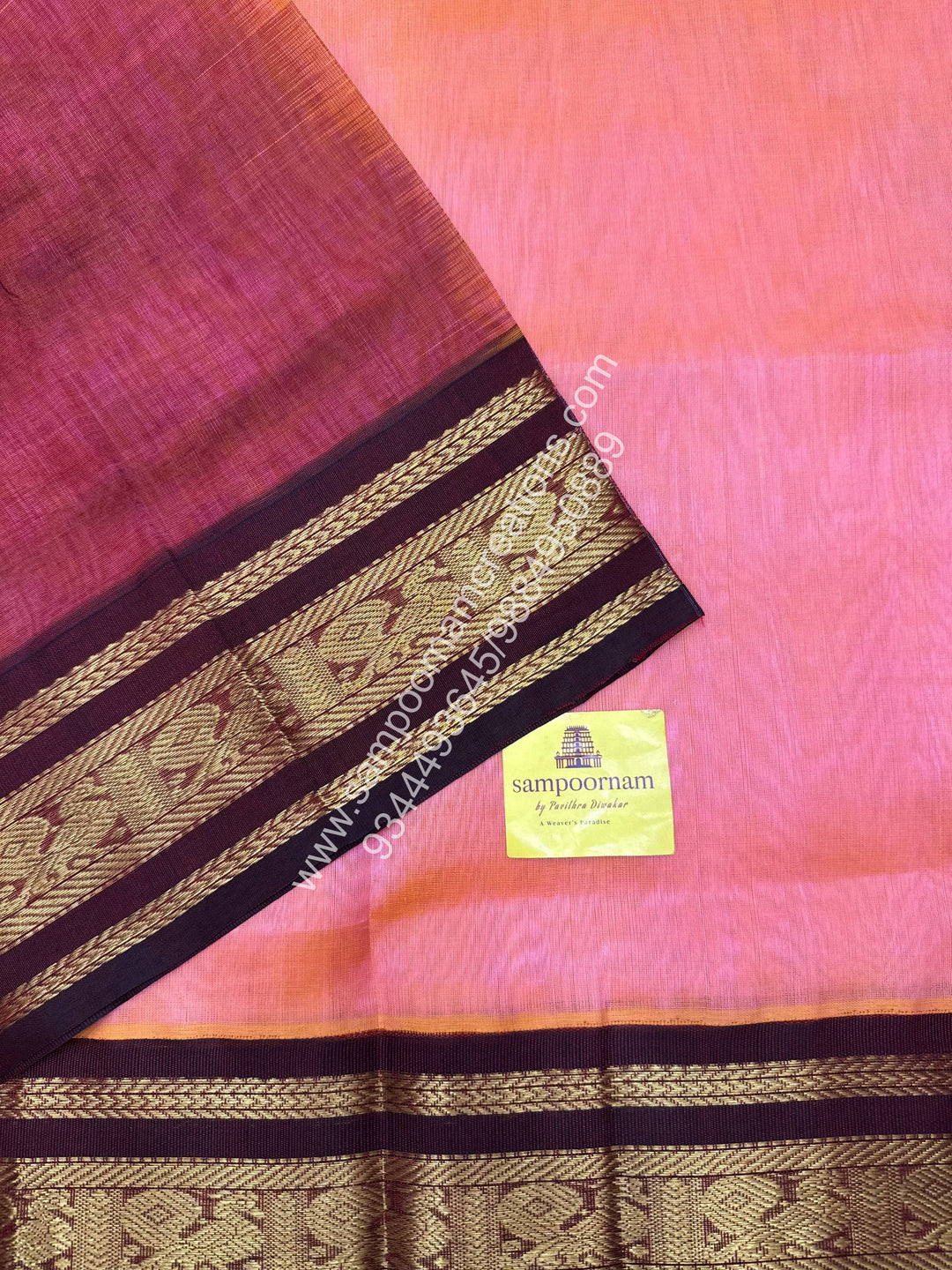 Peachish Pink with Maroon . Traditional borders and  Grand Pallu Korvai Silk Cotton Saree