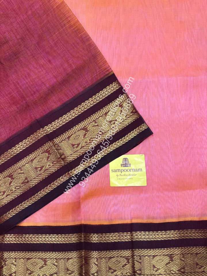 Peachish Pink with Maroon . Traditional borders and  Grand Pallu Korvai Silk Cotton Saree