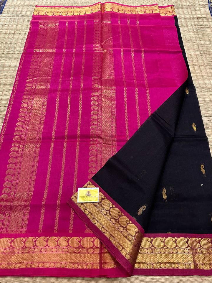 Black with Pink Body Butta Silk Cotton Saree