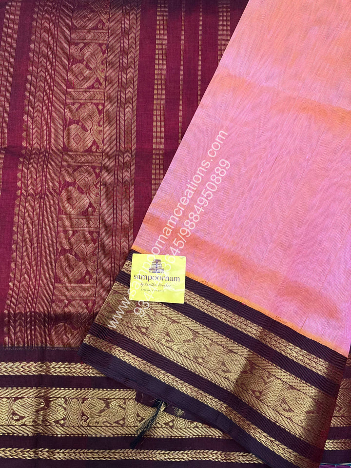 Peachish Pink with Maroon . Traditional borders and  Grand Pallu Korvai Silk Cotton Saree