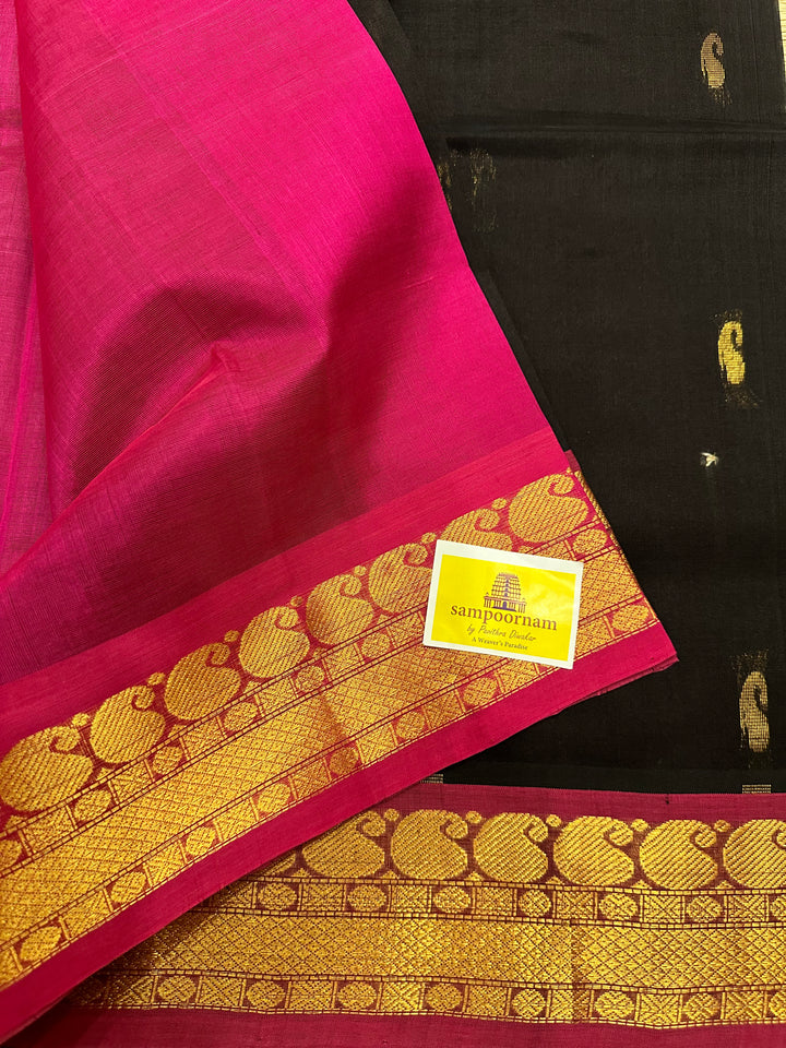 Black with Pink Body Butta Silk Cotton Saree