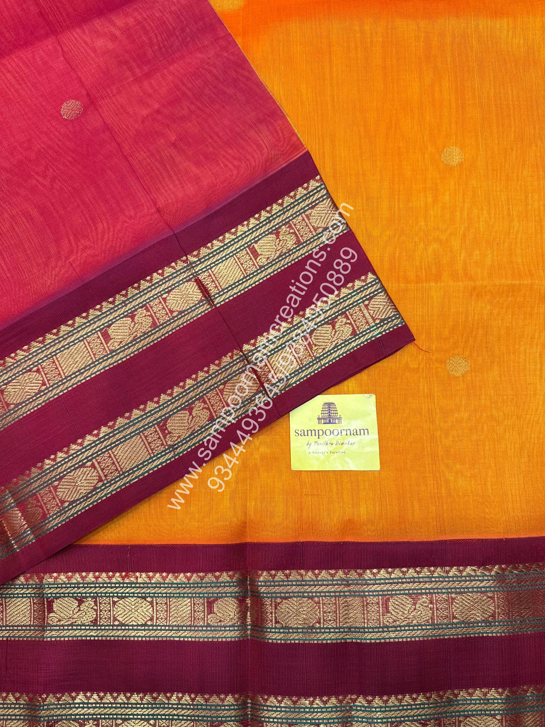 Mambazha Manjal with Kumkum Red , rich Zari butta in the body and Rettapet borders , Grand Pallu Korvai Silk Cotton Saree