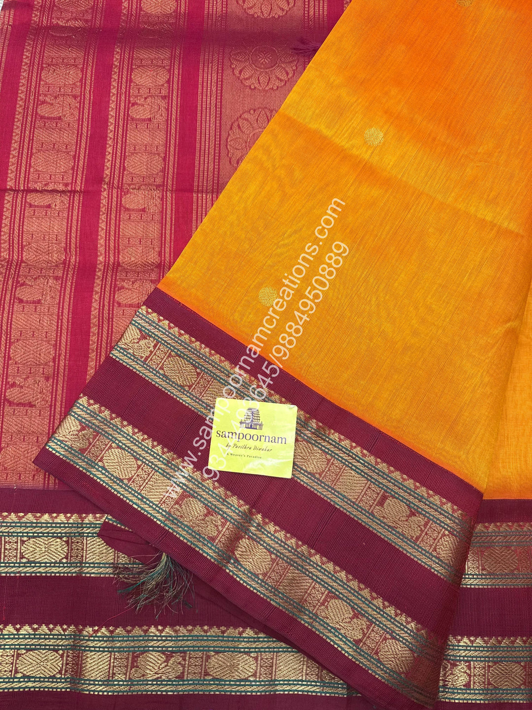 Mambazha Manjal with Kumkum Red , rich Zari butta in the body and Rettapet borders , Grand Pallu Korvai Silk Cotton Saree