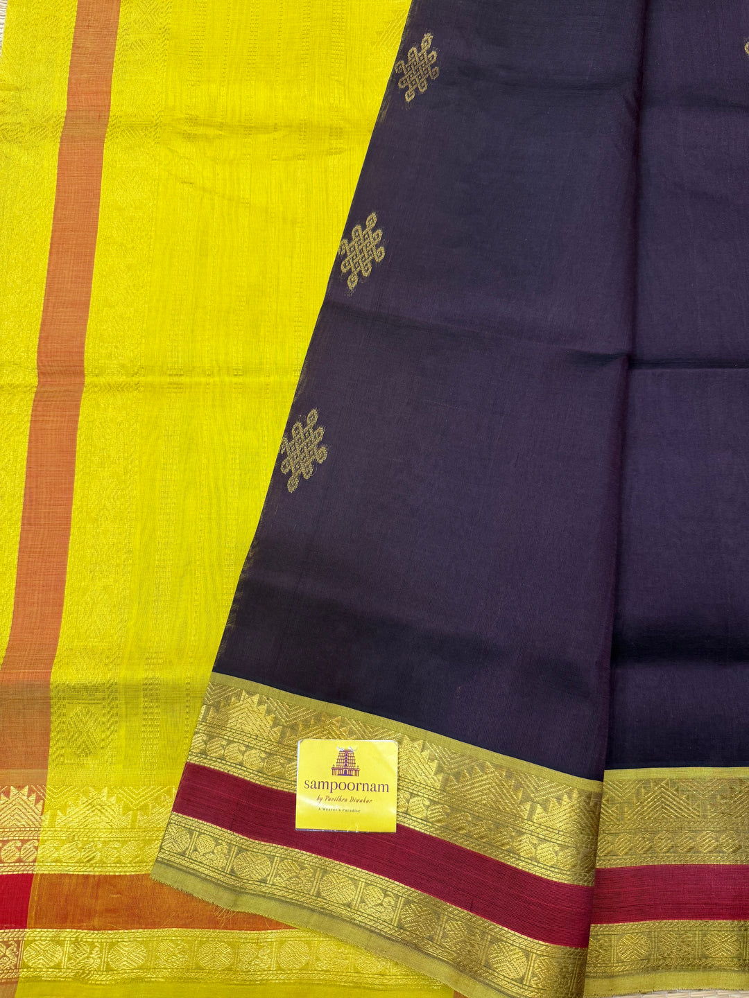 Dark Brown with Lemon Green  ,  Rich Kolam Zari butta in the body , Rettapet  Borders and Rich Pallu Silk Cotton Saree