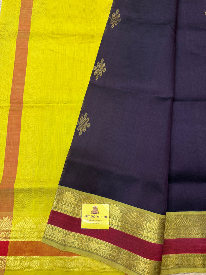 Dark Brown with Lemon Green  ,  Rich Kolam Zari butta in the body , Rettapet  Borders and Rich Pallu Silk Cotton Saree