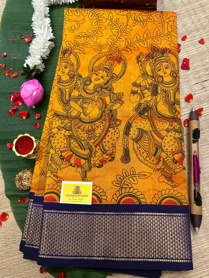 Manjal with Blue Radha Krishna Printed Korvai Silk Cotton Saree