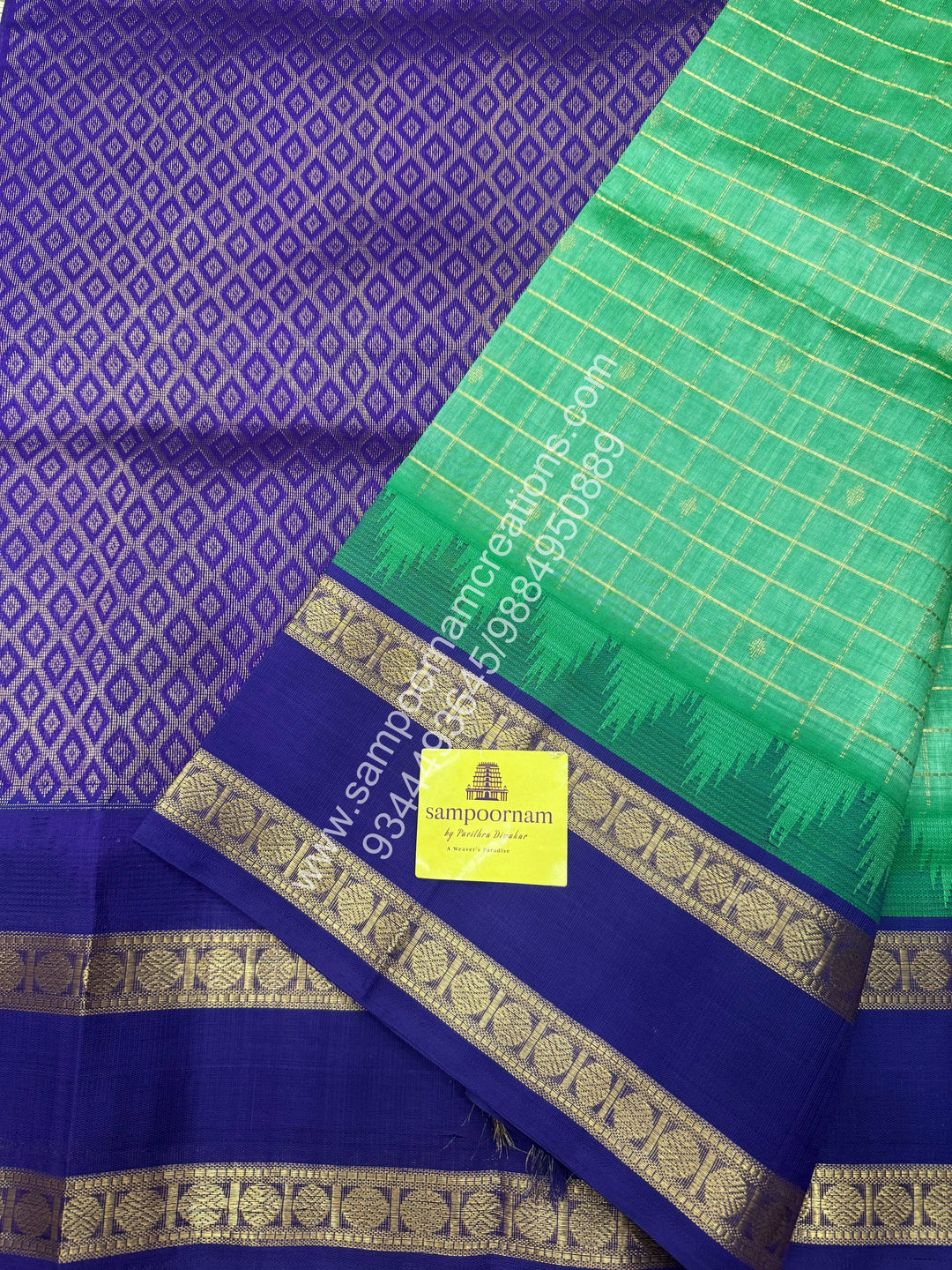 Elaichi Green with Blue , rich Zari checks in the body , Temple design with Rettapet Border and Grand Pallu Korvai Silk Cotton Saree