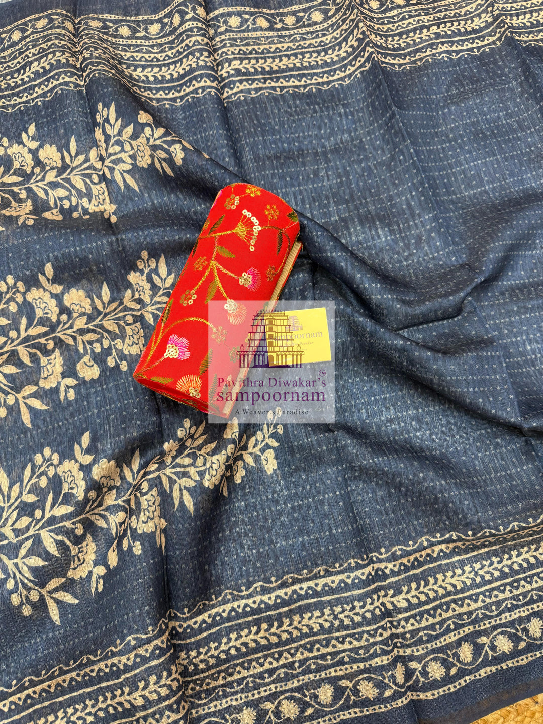 Blue Semi Tussar top with Printed Yoke and Mirror work , Plain Bottom and Printed Dupatta