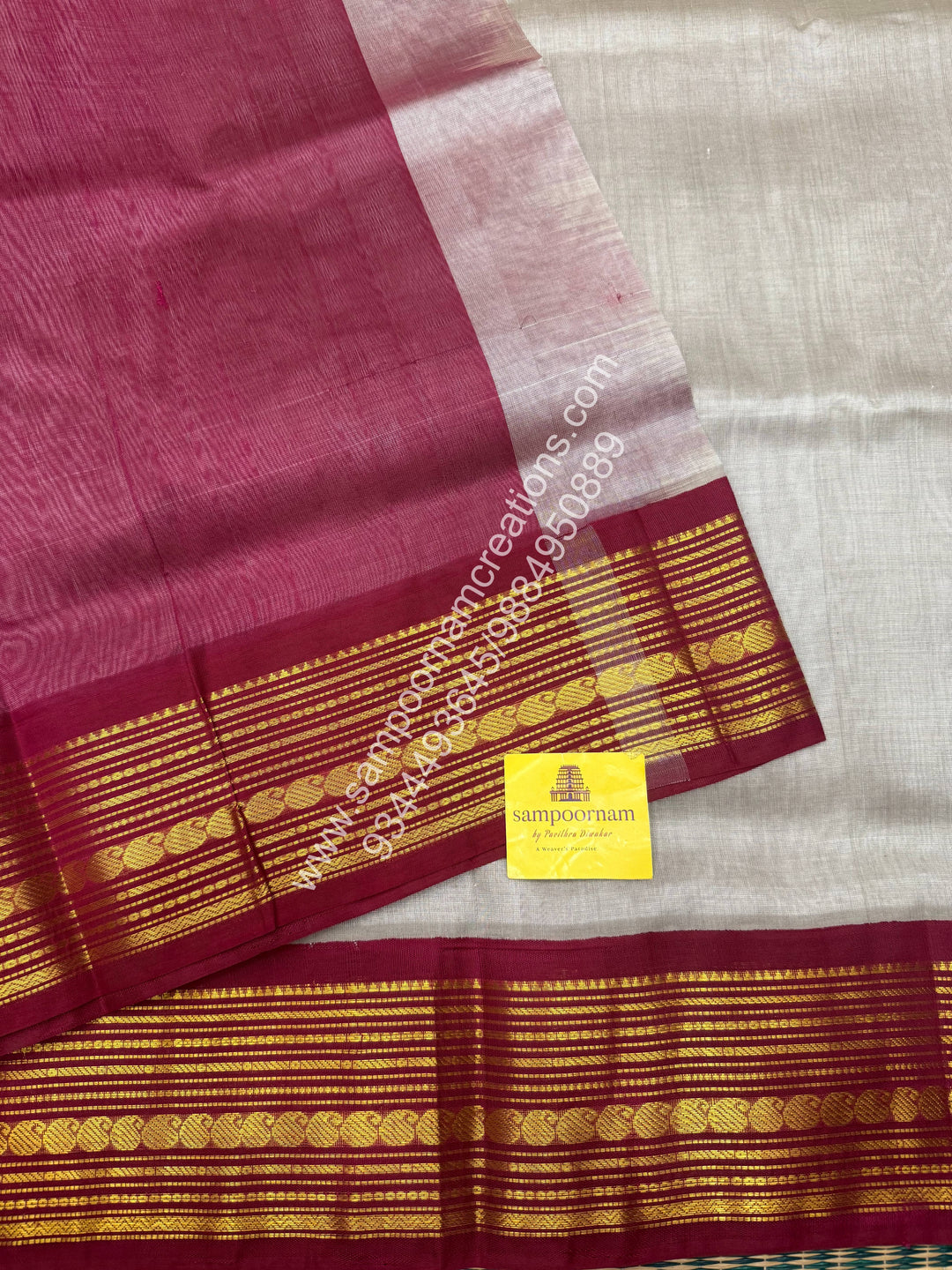 Grey with Dark Magenta , , Traditional borders and  Grand Pallu Korvai Silk Cotton Saree