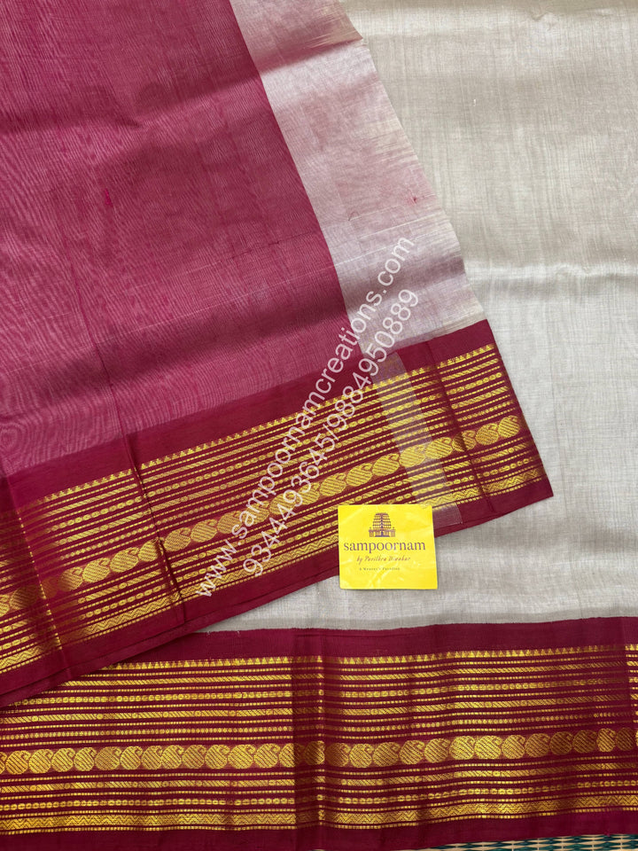 Grey with Dark Magenta , , Traditional borders and  Grand Pallu Korvai Silk Cotton Saree