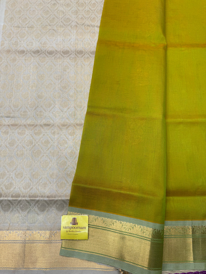 Double Shaded  Manthulir Green with Cream  ,  Rich Mayil and Mango Zari butta in the body , Traditional  Borders and Rich Pallu Silk Cotton Saree