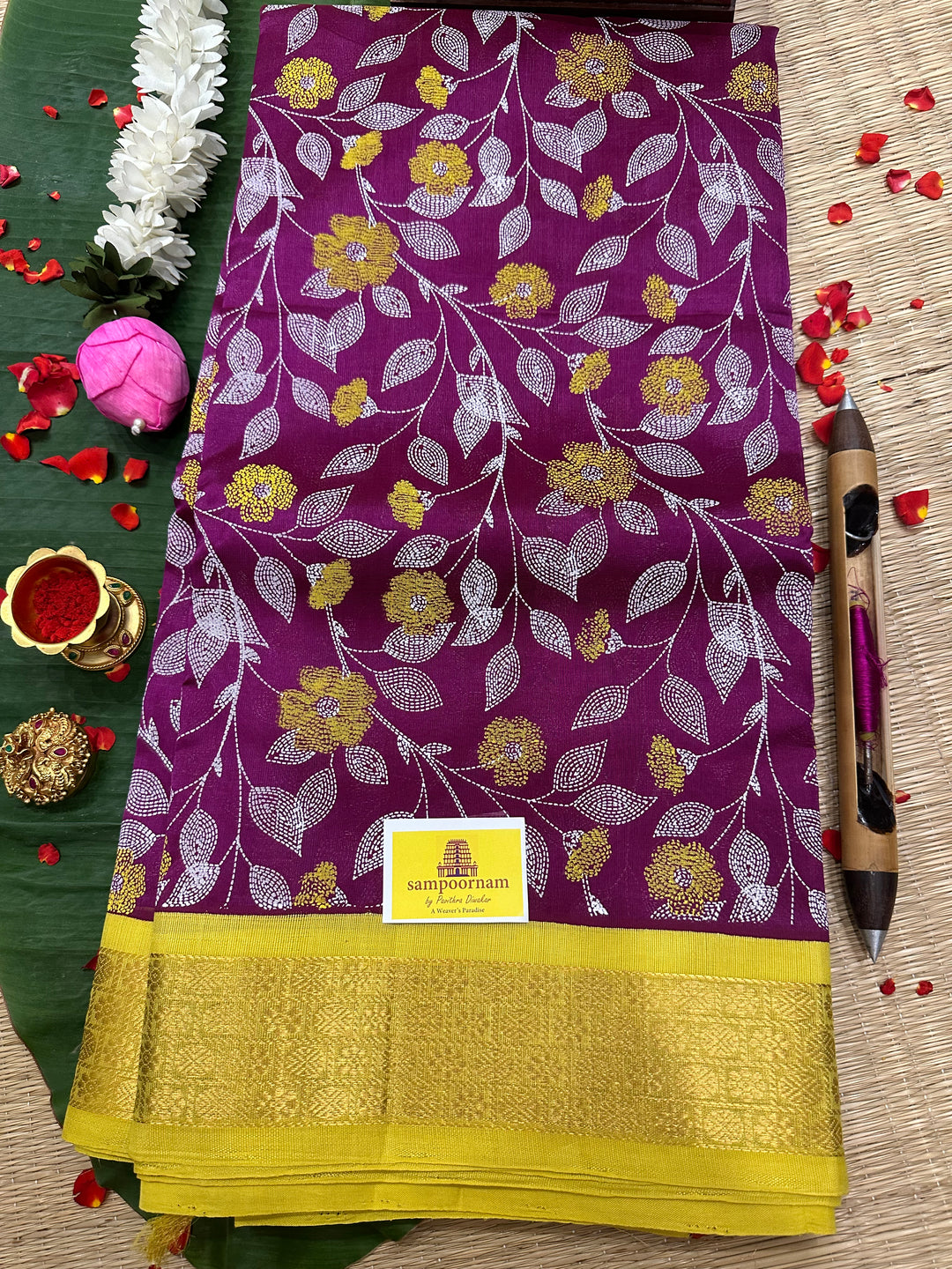 Purple with Lemon Yellow Kantha Printed Korvai Silk Cotton Saree