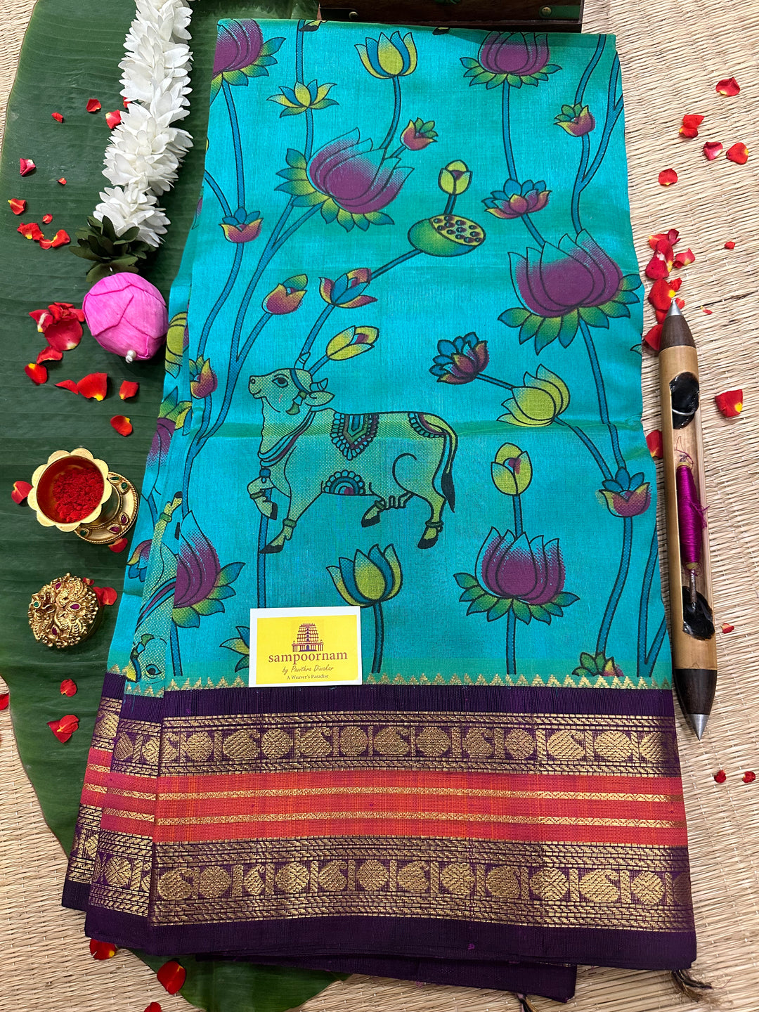 Ramar Blue with Purple Pichwai Printed Korvai Silk Cotton Saree