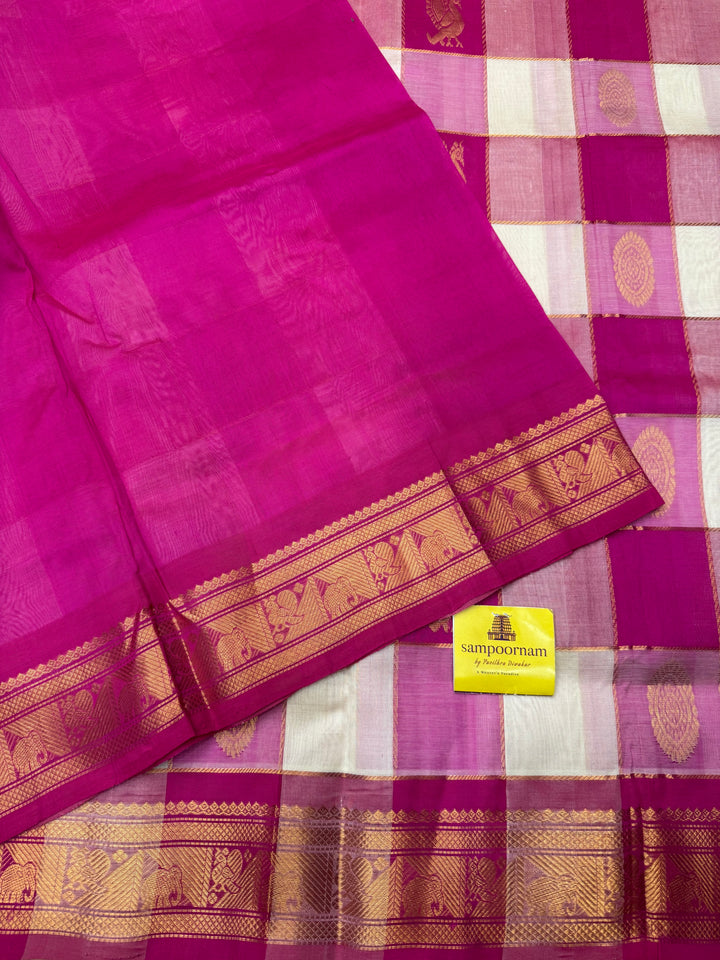 Pink with White , Rich Zari checks with Mayil and Chakram Zari Motif in the body , Traditional  Borders and Rich Pallu Silk Cotton Saree