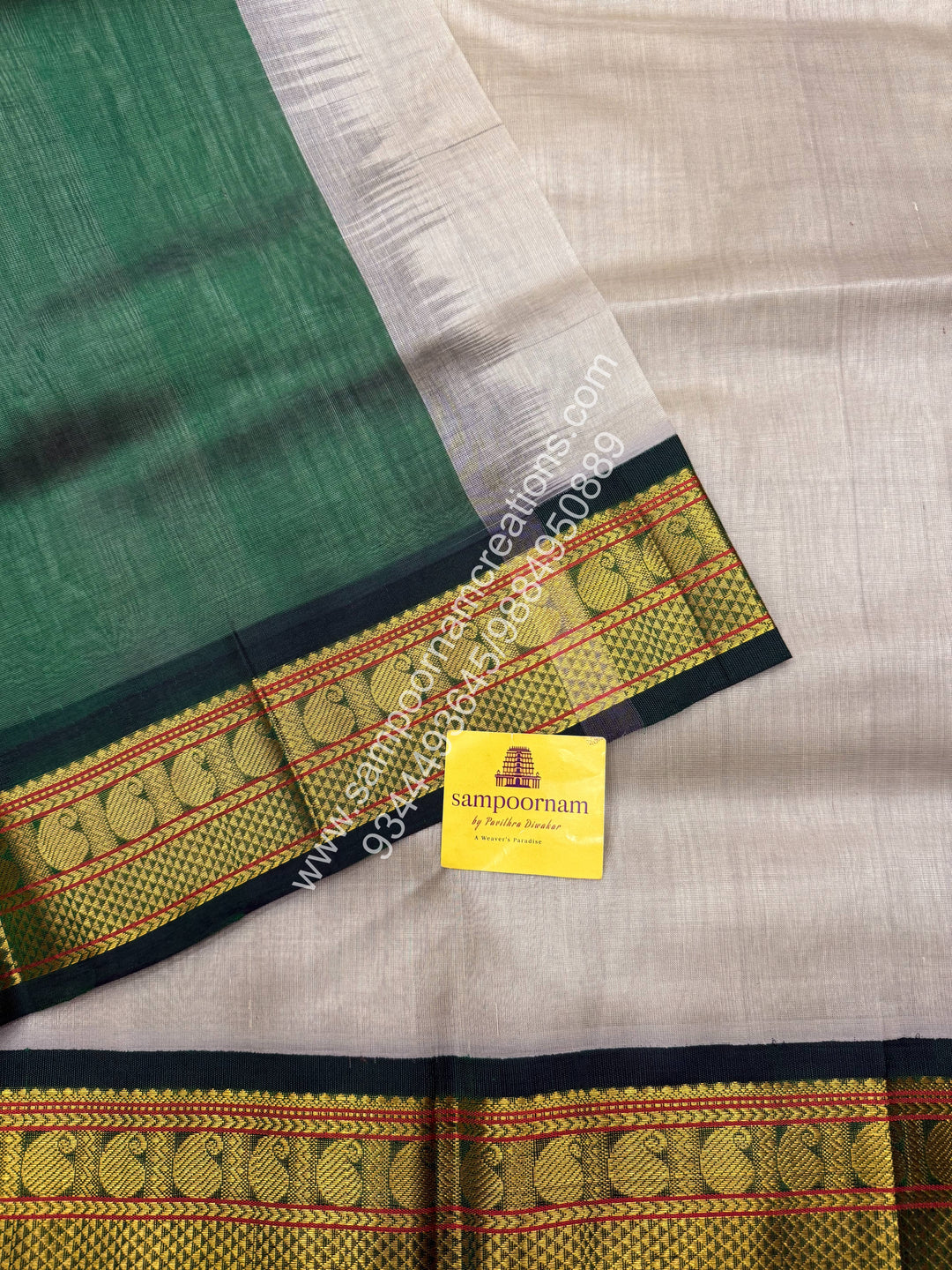 Grey with Green , Traditional borders and  Grand Pallu Korvai Silk Cotton Saree
