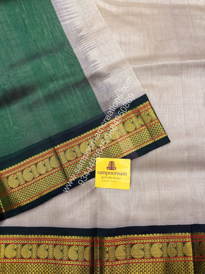 Grey with Green , Traditional borders and  Grand Pallu Korvai Silk Cotton Saree