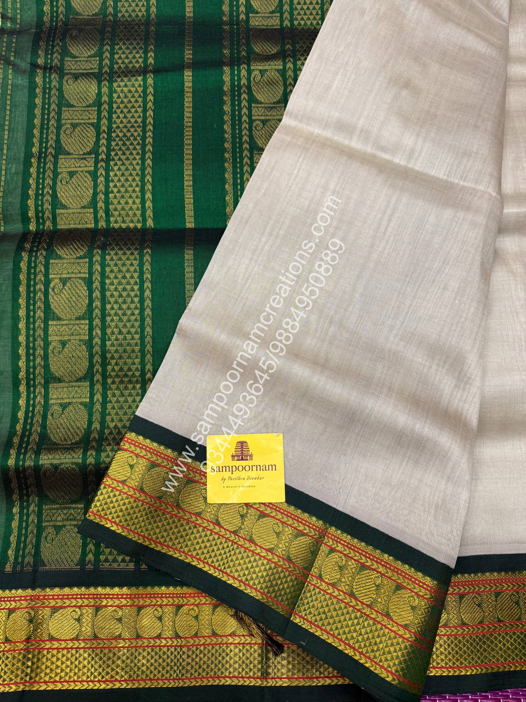 Grey with Green , Traditional borders and  Grand Pallu Korvai Silk Cotton Saree