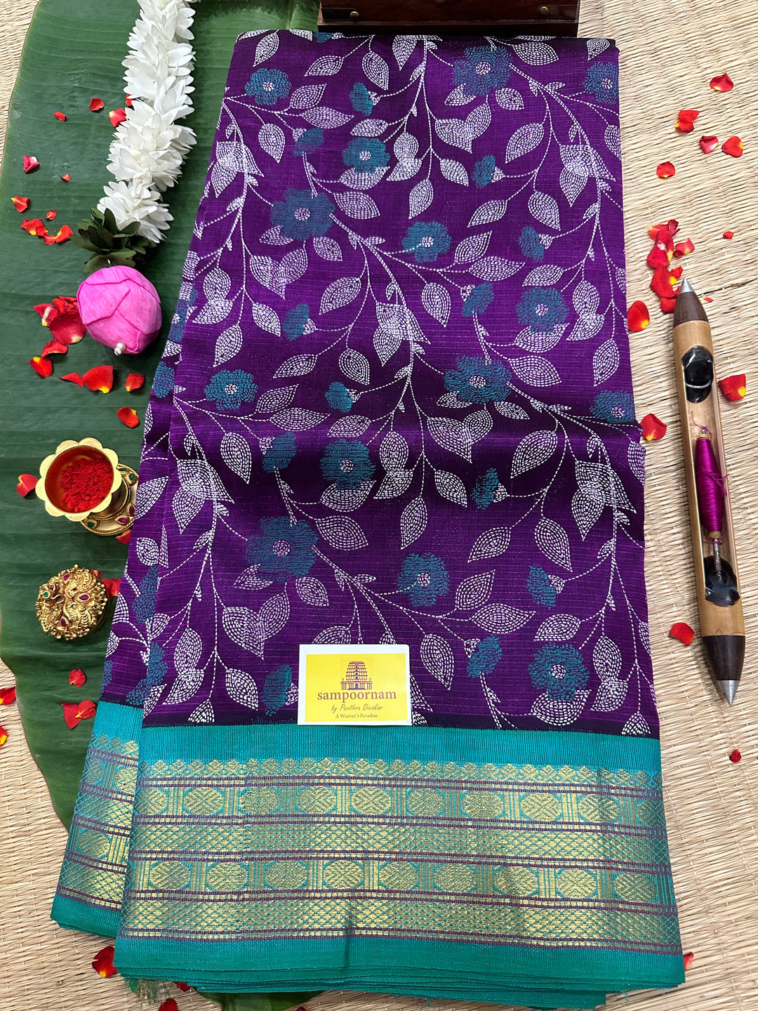 Brinjal Purple with Sea Green Kantha Printed Korvai Silk Cotton Saree