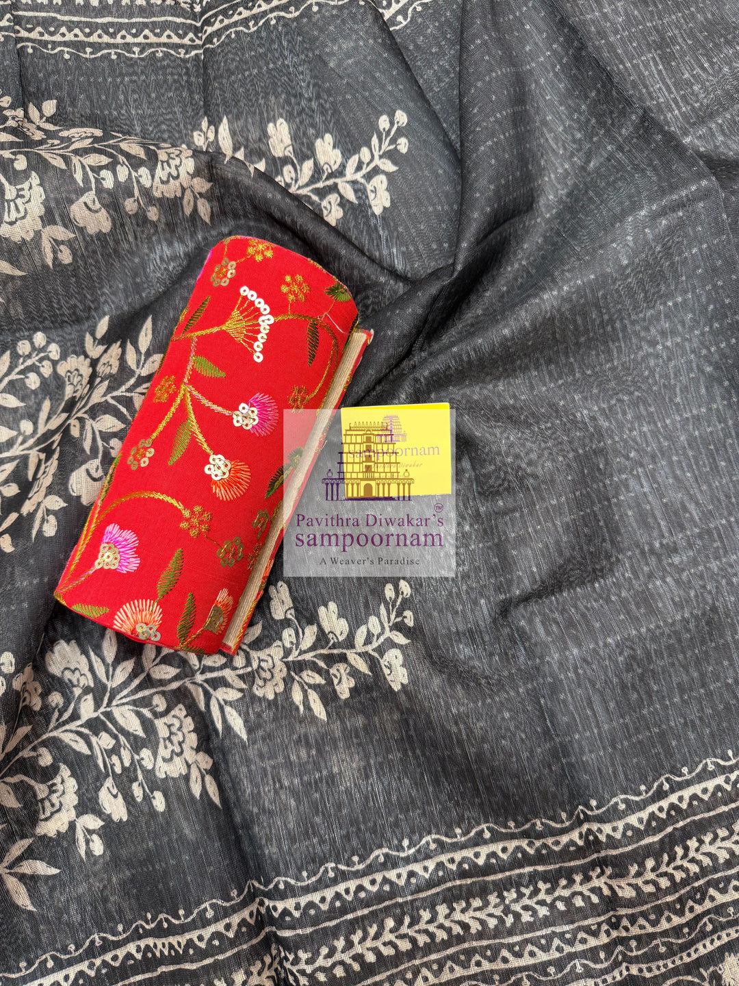 Grey Semi Tussar top with Printed Yoke and Mirror work , Plain Bottom and Printed Dupatta