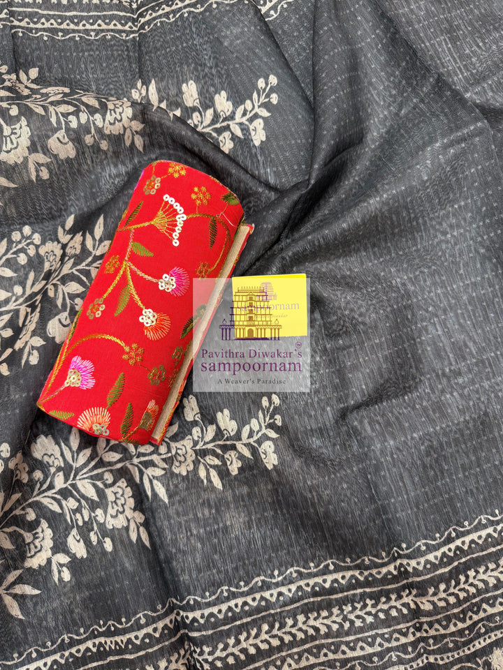 Grey Semi Tussar top with Printed Yoke and Mirror work , Plain Bottom and Printed Dupatta