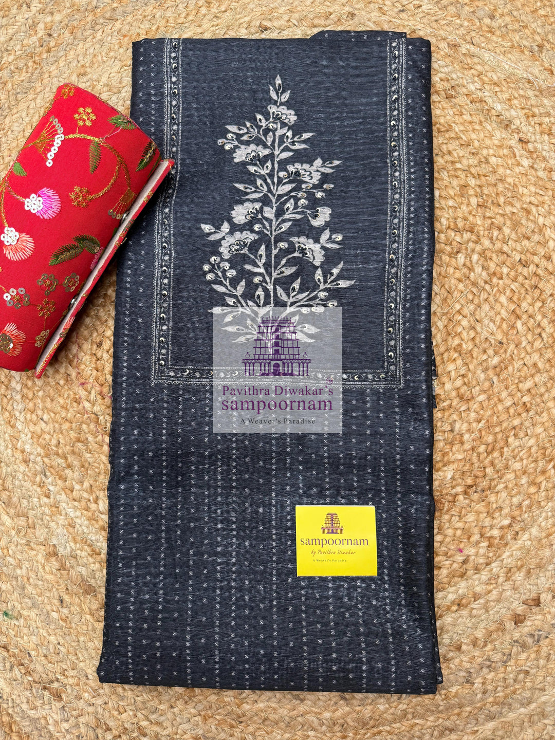 Grey Semi Tussar top with Printed Yoke and Mirror work , Plain Bottom and Printed Dupatta