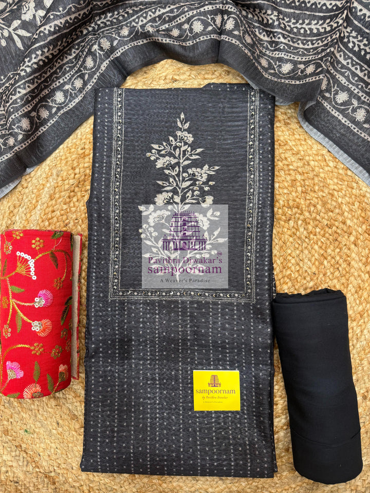 Grey Semi Tussar top with Printed Yoke and Mirror work , Plain Bottom and Printed Dupatta