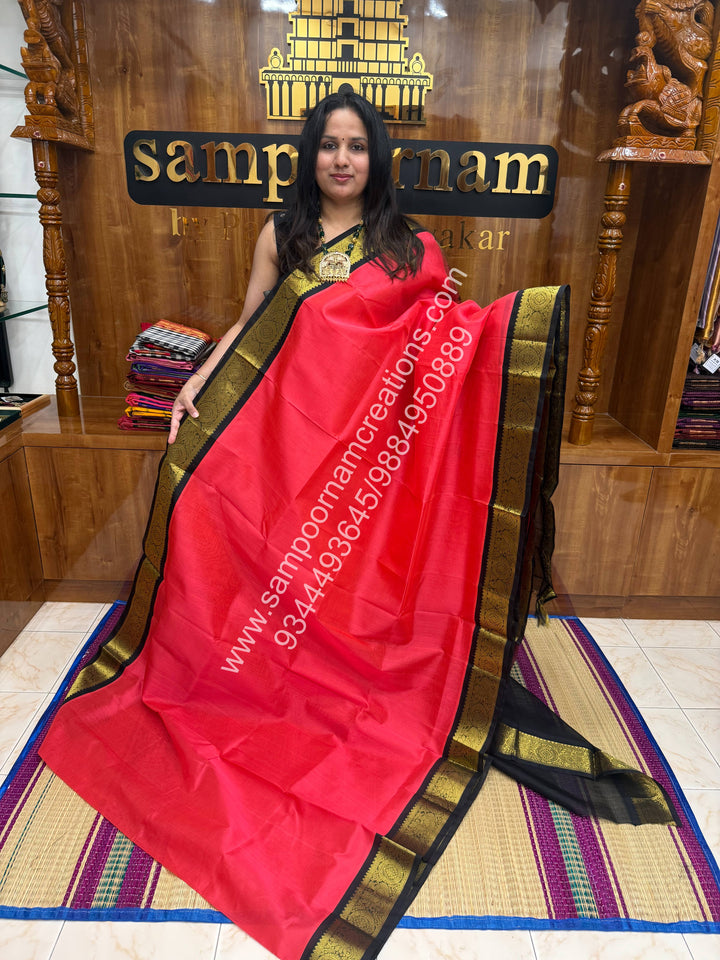 Rani Pink with Black , Traditional borders and  Grand Pallu Korvai Silk Cotton Saree