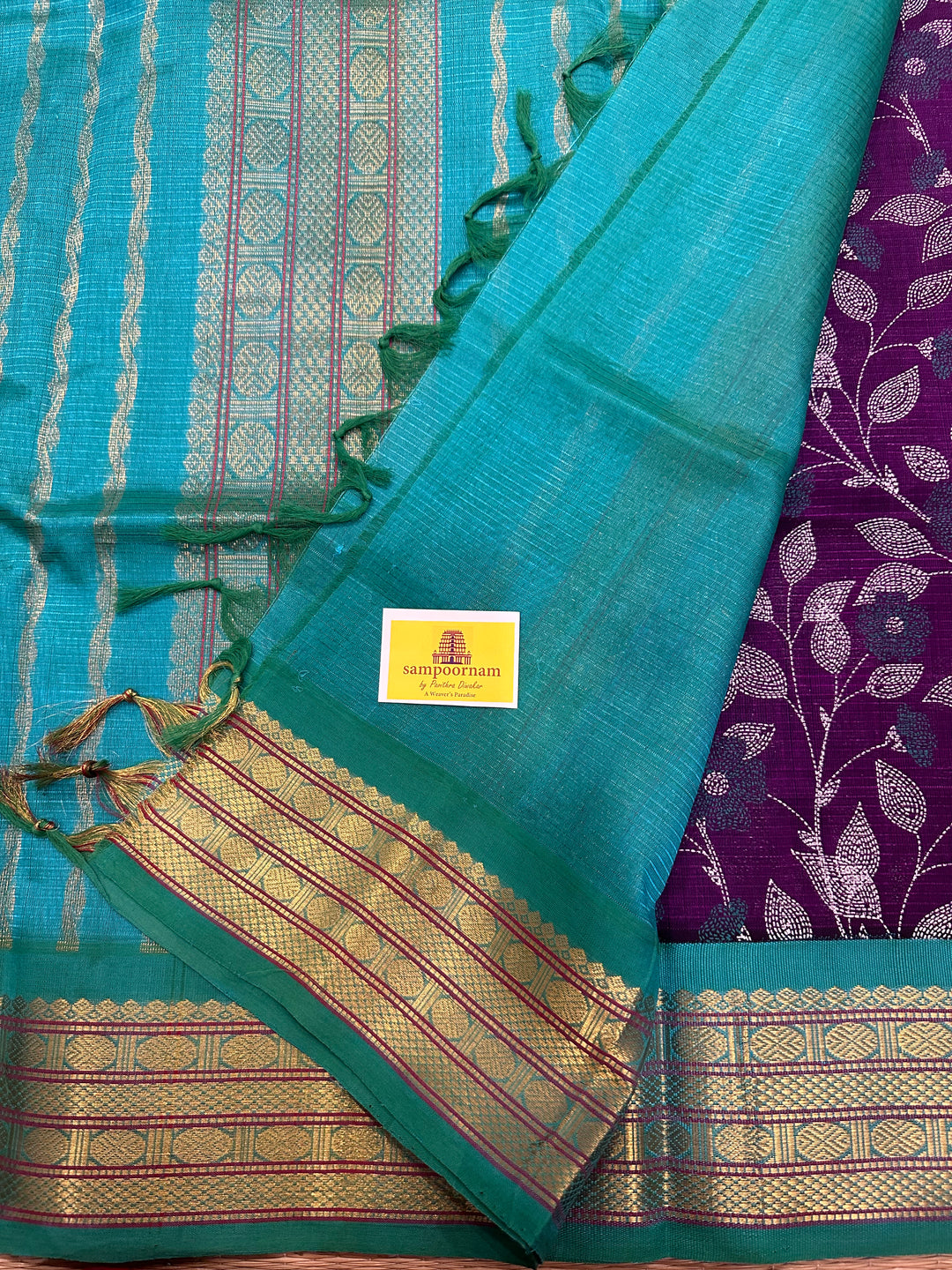 Brinjal Purple with Sea Green Kantha Printed Korvai Silk Cotton Saree