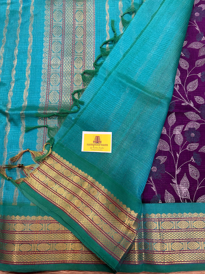 Brinjal Purple with Sea Green Kantha Printed Korvai Silk Cotton Saree