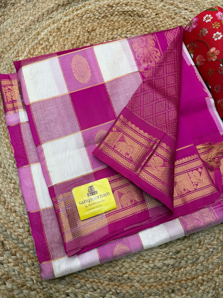 Pink with White , Rich Zari checks with Mayil and Chakram Zari Motif in the body , Traditional  Borders and Rich Pallu Silk Cotton Saree