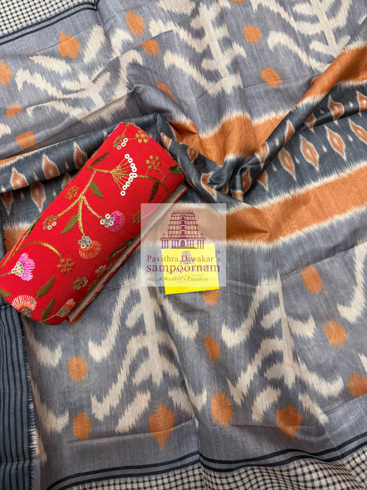 Mustard with  Pitan work in the Yoke , Plain bottom and Ikkat Printed Dupatta