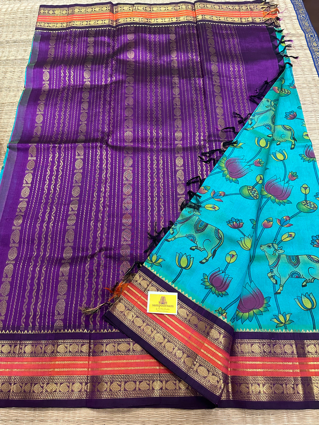 Ramar Blue with Purple Pichwai Printed Korvai Silk Cotton Saree