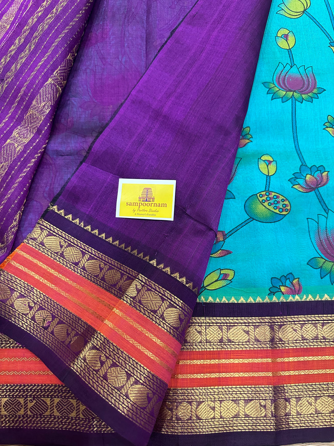 Ramar Blue with Purple Pichwai Printed Korvai Silk Cotton Saree