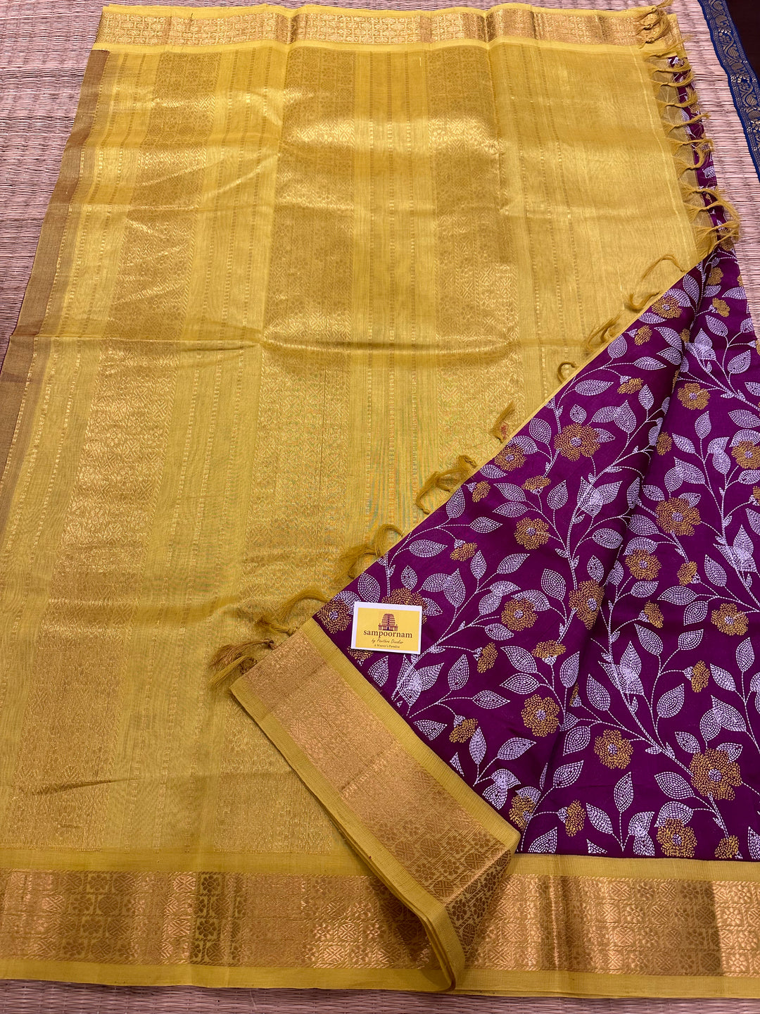 Purple with Lemon Yellow Kantha Printed Korvai Silk Cotton Saree