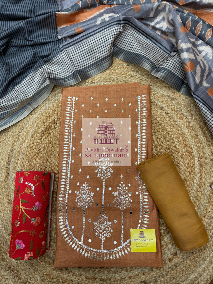 Mustard with  Pitan work in the Yoke , Plain bottom and Ikkat Printed Dupatta