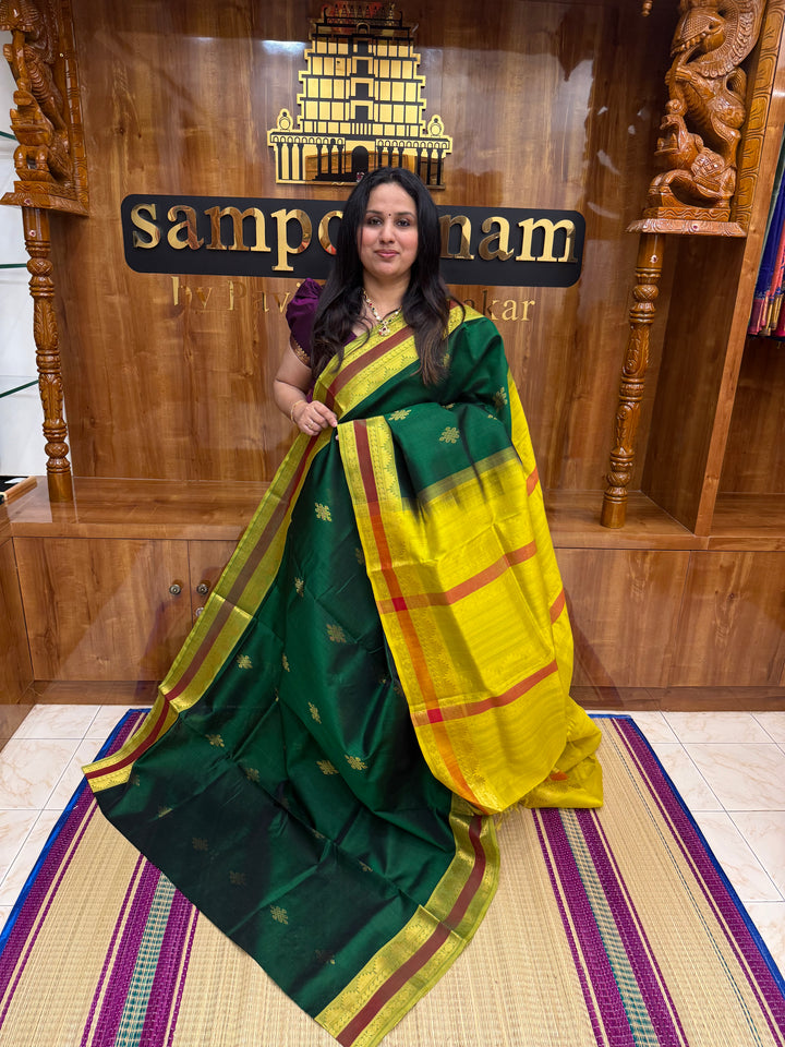 Dark Green with Lemon Green  ,  Rich Kolam Zari butta in the body , Rettapet  Borders and Rich Pallu Silk Cotton Saree
