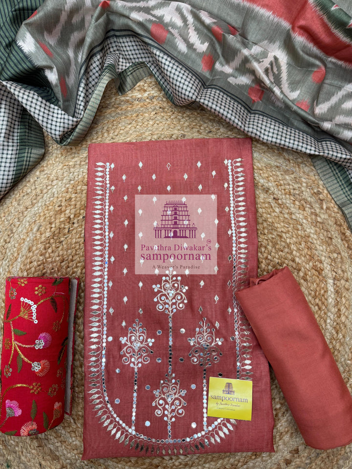 Brick Orange with Pitan work in the Yoke , Plain bottom and Ikkat Printed Dupatta