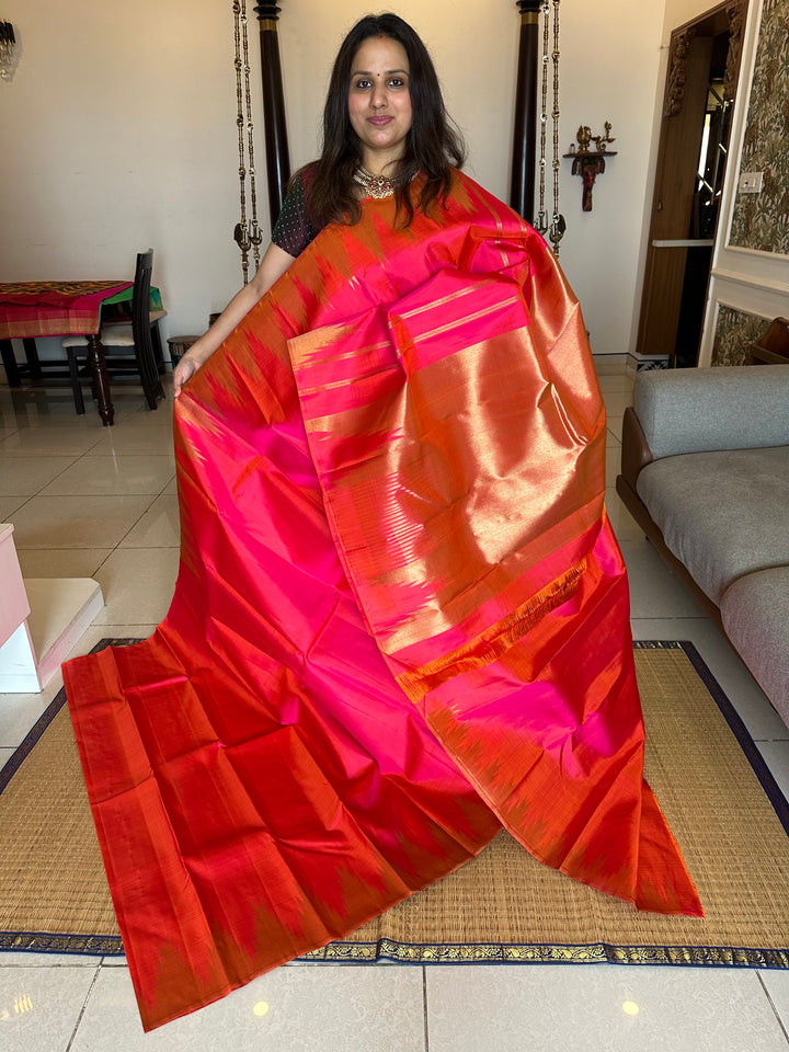 Orangish Pink with Rich Temple Border and Tissue Pallu Pure Zari, Pure Kanjivaram Silk Saree