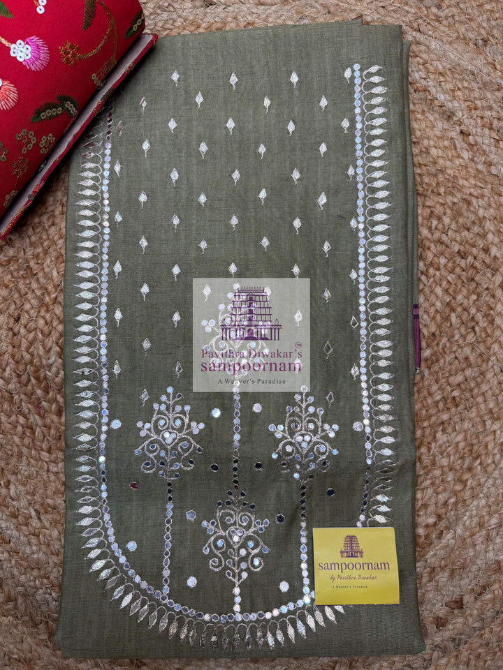 Green with Pitan work in the Yoke , Plain bottom and Ikkat Printed Dupatta