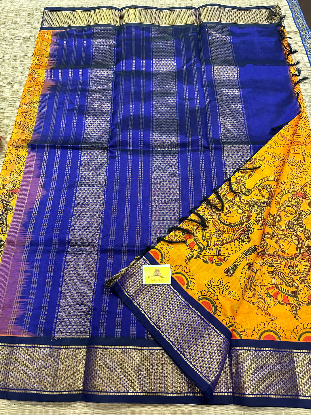 Manjal with Blue Radha Krishna Printed Korvai Silk Cotton Saree