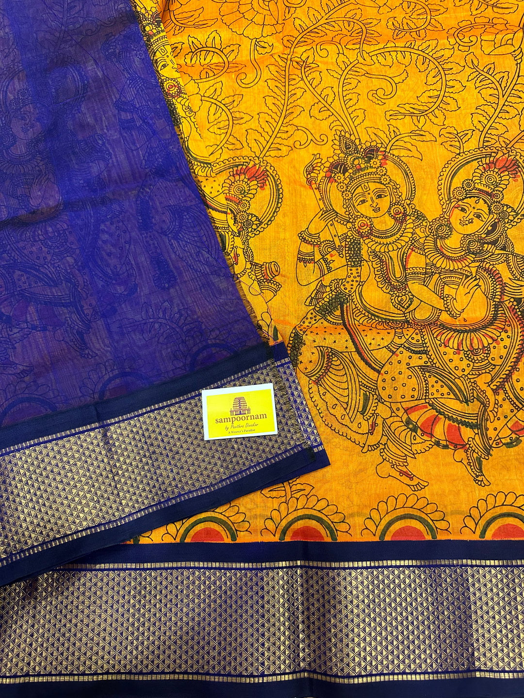 Manjal with Blue Radha Krishna Printed Korvai Silk Cotton Saree