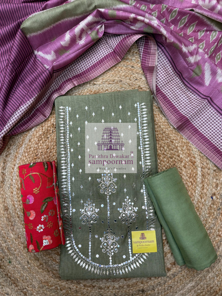 Green with Pitan work in the Yoke , Plain bottom and Ikkat Printed Dupatta