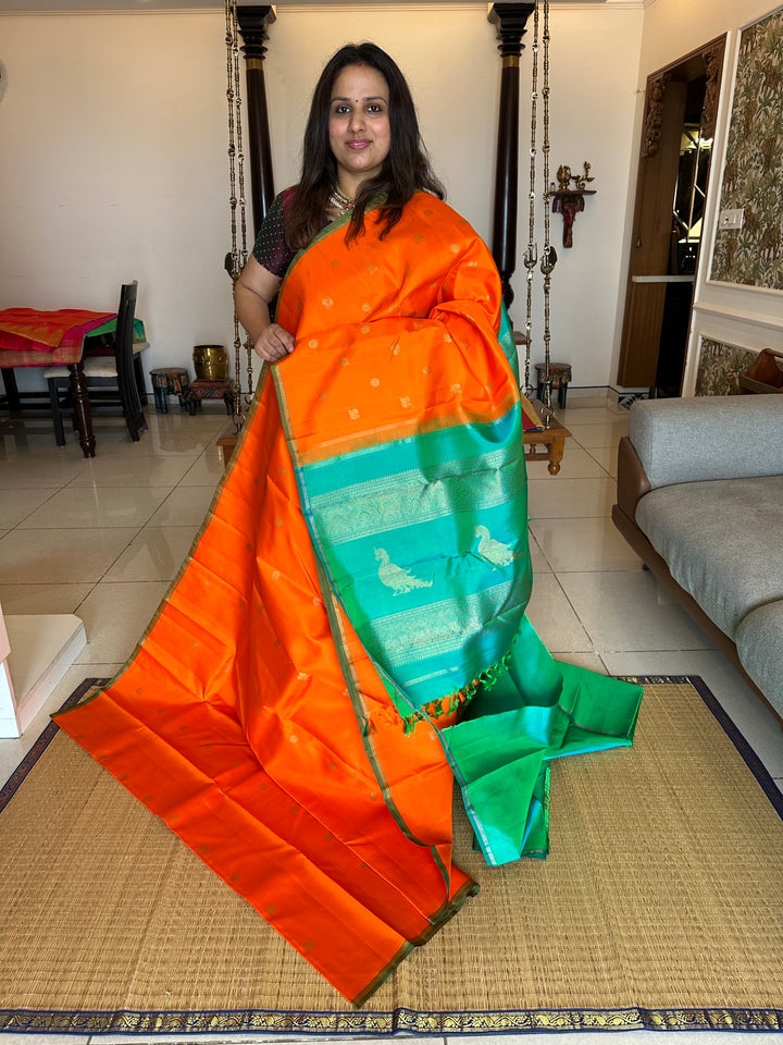 Fanta Orange with Turquoise Blue, Rich Annam and Rudraksh Butta, Killi Kanjivaram in the Pallu, Pure Zari Kanjivaram Silk Saree