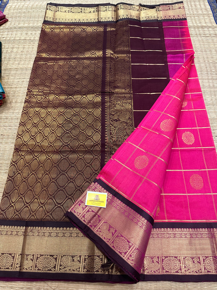 Pink with Brown Mayil Chakram Silk Cotton Saree