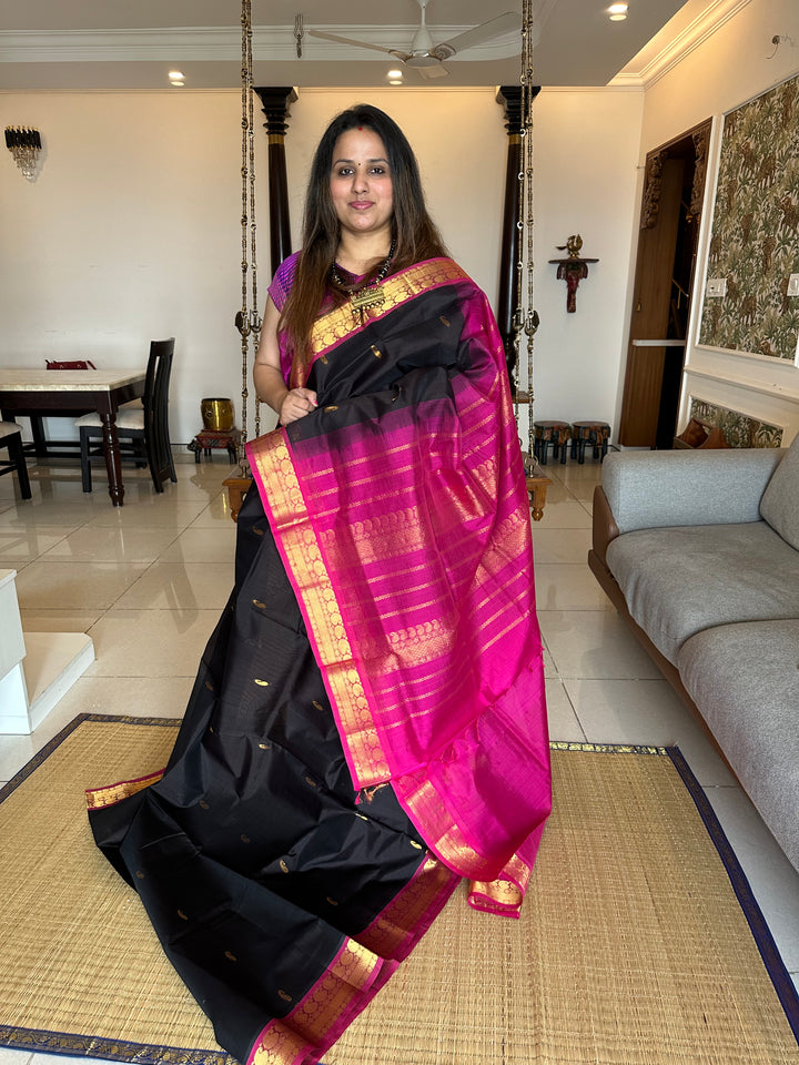 Black with Pink Body Butta Silk Cotton Saree