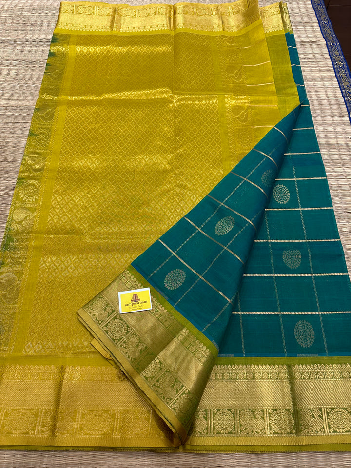 Rexona Green with Lemon Yellow Mayil Chakram Silk Cotton Saree