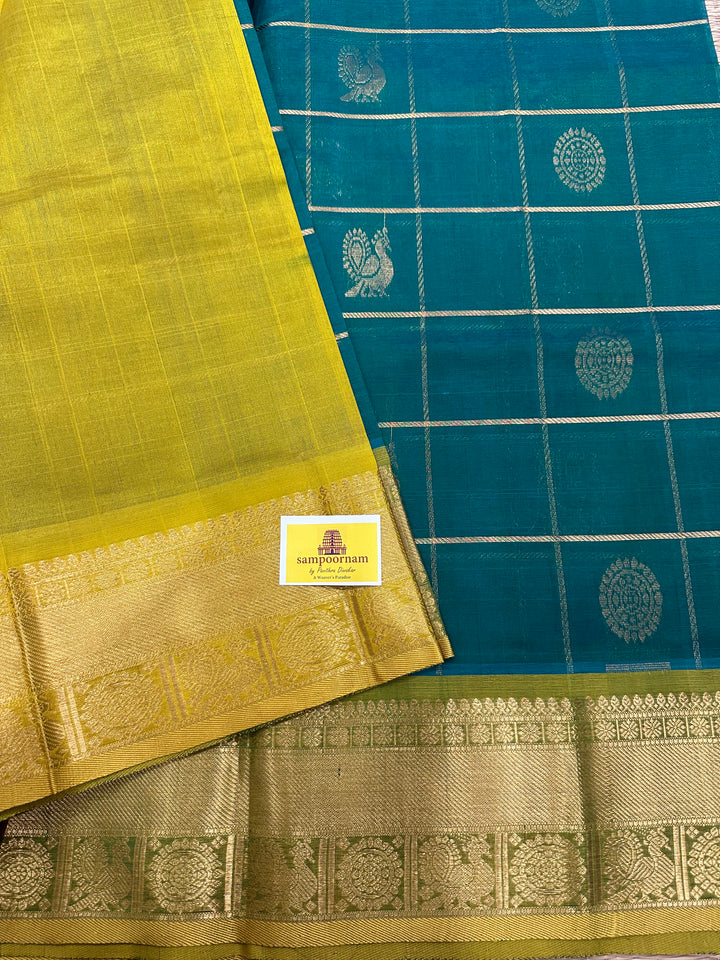 Rexona Green with Lemon Yellow Mayil Chakram Silk Cotton Saree