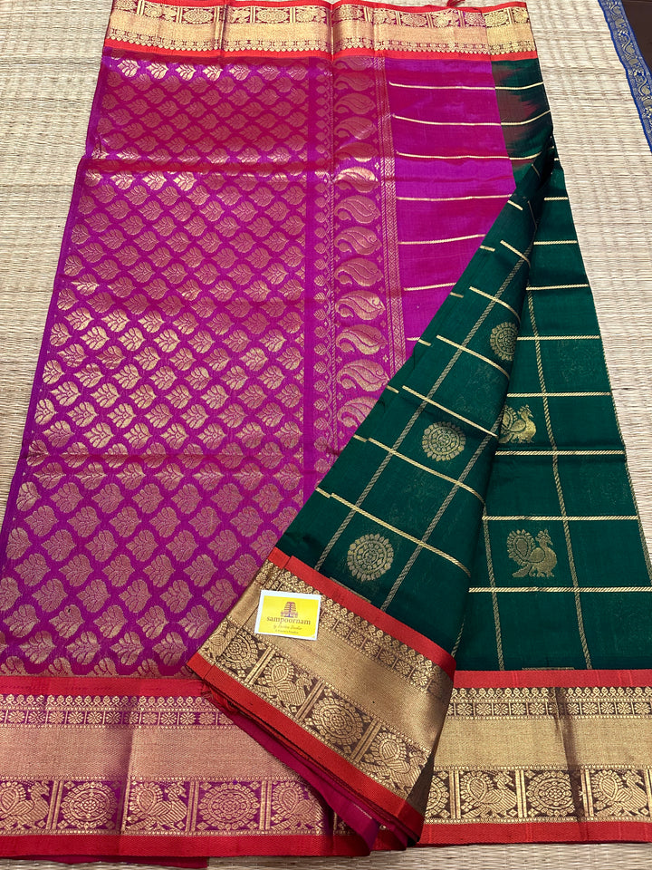 Green with Magenta Mayil Chakram Silk Cotton Saree